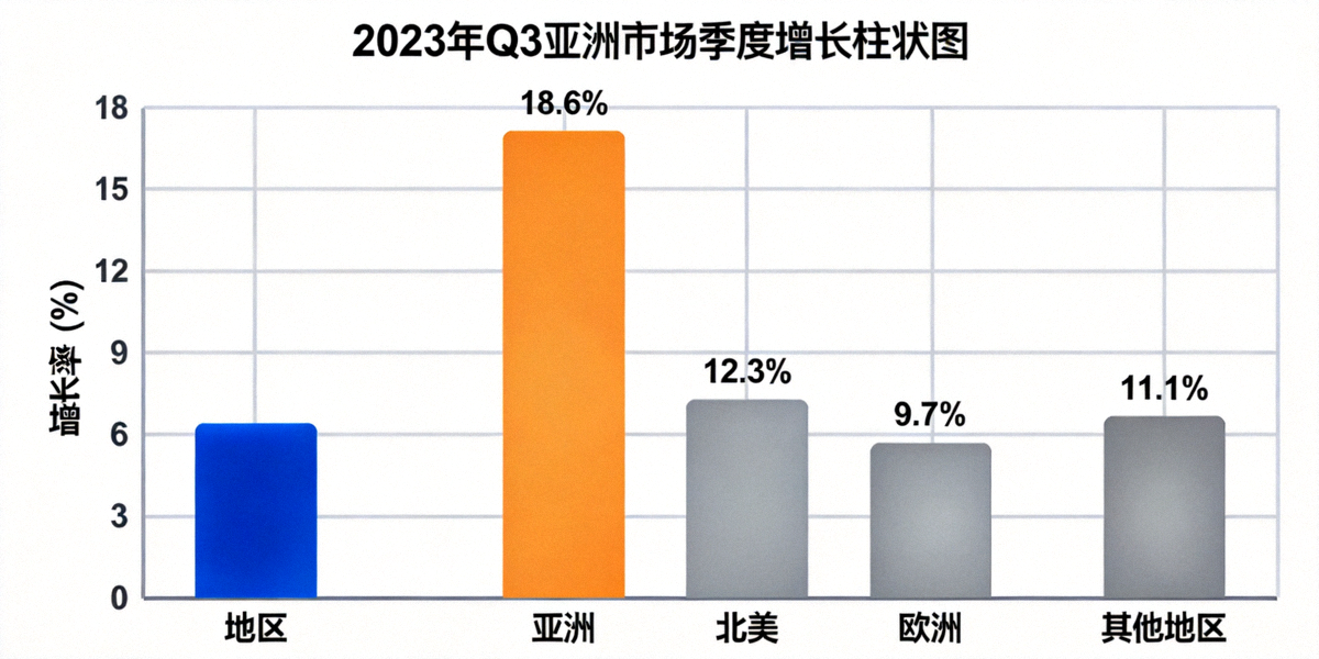 亚洲市场季度增长柱状图，显示2023年Q3增长率显著领先于北美、欧洲等其他地区
