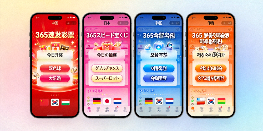 展示365速发彩票在亚洲不同国家的本地化应用界面，包含多种语言和设计风格