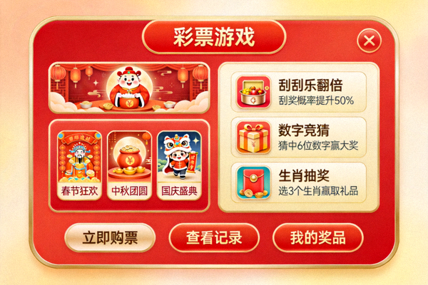 主题彩票游戏界面，显示各种节日主题和特色玩法