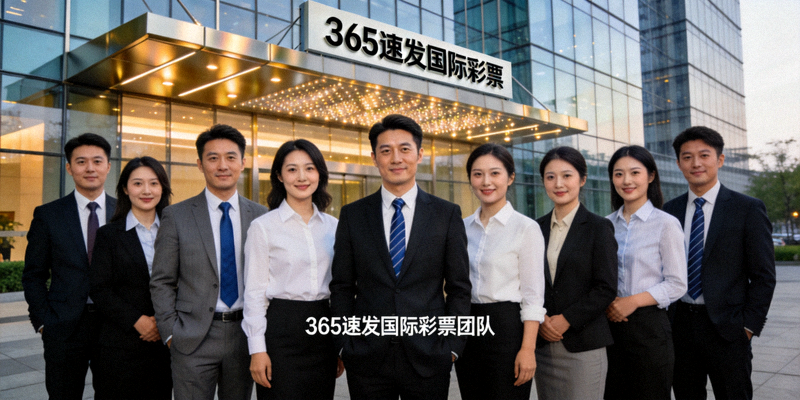 365速发国际彩票团队合影，身着专业服装的团队成员在现代化办公室前合影留念